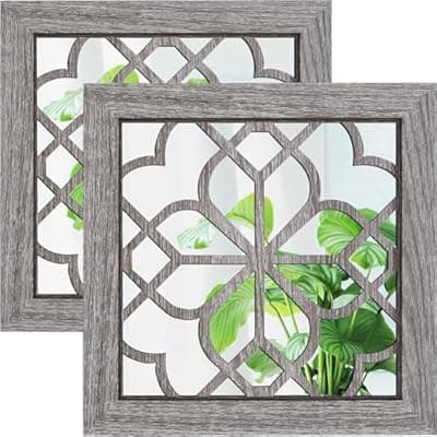[HMANGE] HMANGE Boho Wall Mirror Decor, Set of 2 Rustic Farmhouse Accent Mirror 12x12 Inch, Square Shatterproof Vintage Style Mirrors for Wall, Small Decorative Mirrors for Living Room, Bedroom(Brown)
