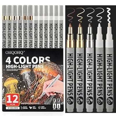 [OHQOHQ] OHQOHQ Highlight Pens 12 Pack, White Ink Pens Set with Metallic Silver Gold Bronze, Fine & Brush Tip Paint Pens for Black Paper, Card Making, Rock Painting, Glass, DIY Crafts