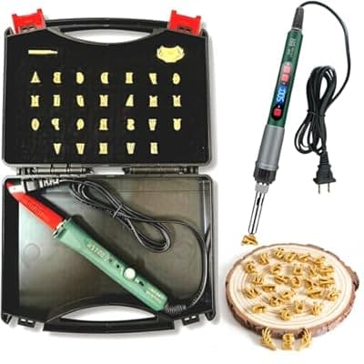 [ZAGEVIVIN] ZAGEVIVIN Upgraded Electric Branding Iron with Temperature Display – Premium Brass Letters & 2 Antlers Kit for Wood, Leather, Food (Cake/Steak) – Safe & Easy DIY, BBQ, Crafting Gift (27, Gold)