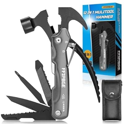 [FFIPBGE] 12 in 1 Hammer Multitool, Caming Mulititool with Screwdriver, Safety Lock and Durable Nylon Sheath, Christmas Stocking Stuffers for Men Adults, Birthday Gifts Survival Tools for Him, Dad, Grey