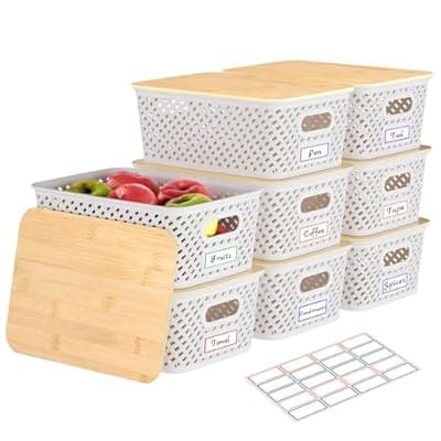 [Anysig] Anysig 8 Packs Plastic Storage Bins with Bamboo Lids - Stackable Storage Bins Decorative Small Basket Containers for Organizing Shelves Office Classroom Desktop Closet, Cream White