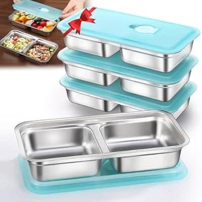 [Tikmos] Tikmos 4 Pack Stainless Steel Snack Containers Reusable, Grab and Go 2 Compartment Food Storage Meal Prep Containers with Lids Stackable for Travel Camping School Lunch, Gifts for Gym Home Cooks