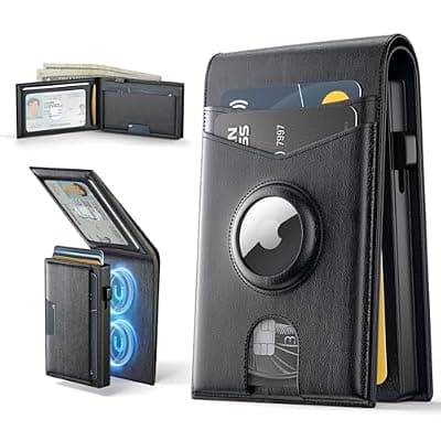 [QIBBNG] QIBBNG AirTag Wallet Men,Wallet With Airtag Holder,RFID Technology Credit Card Holder with Minimalist Wallet for Men for AirTag (No Airtag Included)-Black Father's DayGifts