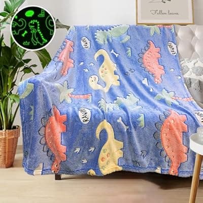 [COMFAR] Personalized Dinosaur Blanket for Boys - Glow in The Dark, Soft Fleece Throw for Kids and Toddlers, Birthday Gift 40"x 50"