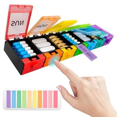 [Fancybird] Push Button Weekly Pill Organizer, Medicine Pill Organizer with Label, Pill Box Case 7 Day, Pill Container for Vitamins, Fish Oil, Supplements Medication (Colorful)