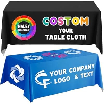 [Custom] Custom Table Cloth with Business Logo 4/5/6/8/10FT Personalized Tablecloth with Text Image Customized for Business Tradeshow Company Birthday Party Wedding Decor (6FT Closed Back)