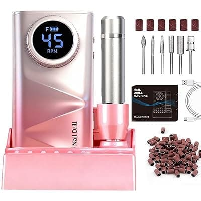 Professional Electric Nail Drill, 45000 RPM Portable Rechargeable Nail FileMachine for Acrylic Nails, E-File Electric Nail File Kit with Battery & LCD Display (Pink-Gradient)