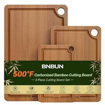 [BNBUN] Bamboo Cutting Board for Kitchen – 3-Piece Wooden Boards with Juice Grooves, Side Handles, Non-Slip Mats – Perfect for Meat, Veggies Fruit,Bread Boards – Ideal Kitchen Gift