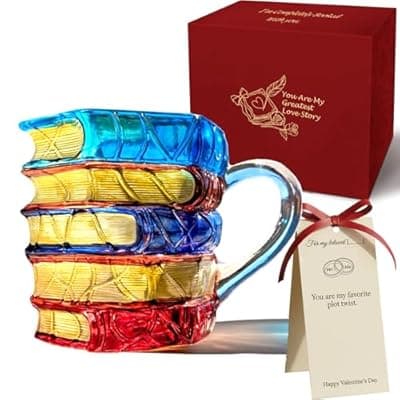 [TOPORNEE] TOPORNEE Handmade Painted Book Coffee Mug, 7 oz Glass Cup, Stacked Books Design with Colored Handle, Gift for Readers and Book Lovers (Gift Box#A, Small)