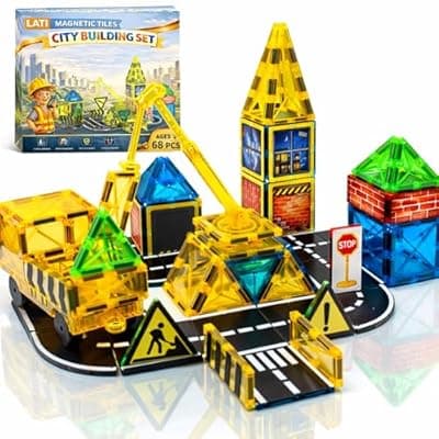 [LATI] LATI Construction Magnetic Tiles City Set for Kids, Double-Sided Day & Night Building Blocks with Crane, Roads, Traffic Signs & Construction Vehicles, STEM Learning Toy for Boys & Girls Ages 3+