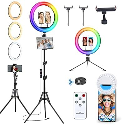 [Vlogging] 𝗡𝗲𝘄𝗲𝘀𝘁 13" Selfie Ring Light with 63" Stand and 3 Phone Holder, 53 Lighting Modes, iPad Holder, Remote, Desk Tripod, RGB Ringlight for iPhone. Vlogging Circle Led Halo Light Photo Video Kit