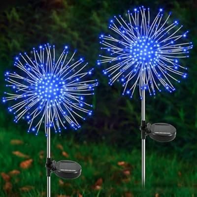 [YaaFen] YaaFen Solar Garden Lights Outdoor, 2 Pack 120 LED Twinkling Firework Lights Decorative with 2 Modes, Outdoor Waterproof Solar Starburst Light for Outside Yard Pathway Garden Decor, Blue