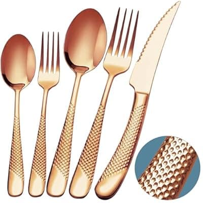 [Runfly] Runfly 20 Piece Hammered Rose Gold/Copper Silverware Set, 18/10 Stainless Steel Flatware Set, Modern Kitchen Utensil Set Service for 4, Tableware Set, Cutlery Set Including Fork Spoon and Knife
