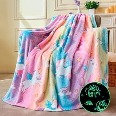 [Joiedomi] Joiedomi Glow in The Dark Blanket - Unicorns Gifts Toys for Girls Age 2 3 4 5 6 7 8 9 10 11 12 Year Old - Soft Cozy Flannel Kids Throw Blanket, Birthday Bedroom Decor 50"×60"
