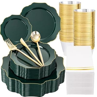 [WDF] WDF 175Pcs Green Plastic Plates - Green Plates Disposable with Gold Rim - Christmas Plastic Plate - Fancy Disposable Dinnerware Sets 25 Guests Ideal for Party/Wedding/Birthday/2026 FIFA World Cup