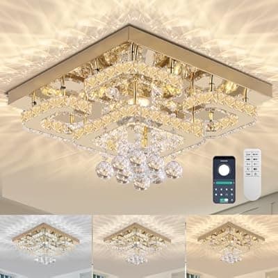 [REDSTAR] 18 inch Flush Mount Chandelier Crystal Ceiling Light with Remote Control/APP, 3CCT Dimmable&Brightness Adjustable, Modern Crystal Raindrop Gold Chandeliers for Bedroom Hallway Dinning Room Living Room