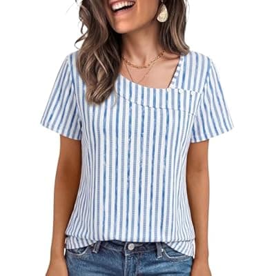 [MFAVIP] MFAVIP Short Sleeve Shirts for Women Tunic Tops Asymmetric Square Neck with Decorative Buttons Loose Fit Summer Casual
