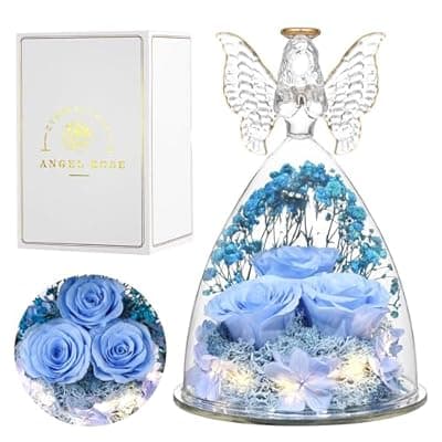 [Tiaronics] Tiaronics Mothers Day Rose Gifts for Women Preserved Real Flower in Glass Angel Figurines Roses for Delivery Prime Birthday Gifts for Mom Grandma Girlfriend Wife Her, Sky Blue