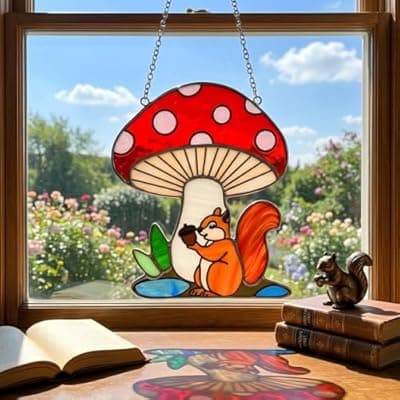 [AQGQTQ] Squirrel Mushroom Stained Glass Suncatcher for Window Hanging Ornaments Animals Theme Glass Art Sun Catcher Home Decor Handmade Funny Mushroom Squirrel Gifts for Squirrel Lovers