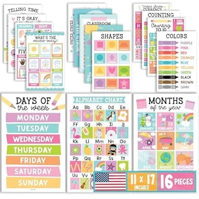 [Hadley Designs] Hadley Designs 16 Educational Posters for Toddlers 1-3 - Learning Poster for Kids Ages 3-5, Alphabet Chart Playroom Homeschool Daycare & Classroom Decor, Kindergarten & Preschool Classroom Must Haves