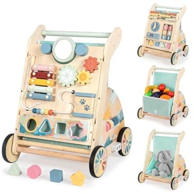 [LOL-FUN] LOL-FUN Wooden Baby Walker with Double-Sided Busy Board, Push Walker for Baby with Adjustable Speed Wheels, Activity Learning Walker for Boys 12 Months