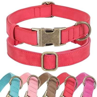 [Jumpress] Jumpress Soft Leather Dog Collar for Small Medium Large Dogs, Heavy Duty Dog Collar with Quick Release Metal Buckle, Durable & Adjustable for Medium Dogs Walking (Red, M)