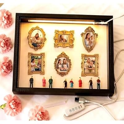 [Web Launcher String Shooters] DIY Museum Shadow Box Frame Kit with Dimmable LED Light Strip,Display with 9Pcs Mini Figurines & 6Pcs Mini Gold Frames, – Personalized Memory Display for Anniversary, Home Decor Gift (Walnut, 8 inch)