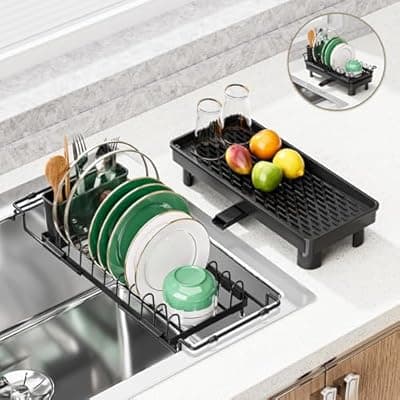 [SanDream] SanDream Dish Drying Rack, Small Over Sink Dish Drying Rack, Expandable Over the Sink Dish Drying Rack with Drip Tray for Kitchen Counter & in Sink