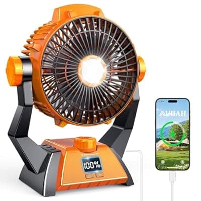 [AUIIAH] Camping Fan - Rechargeable Portable Battery Powered Camping Fans for Tents with LED Light, Power Display, Timers & 360° Hanging Hook, Ultra Quiet USB Personal Tent Fan for Fishing Travel Home Office