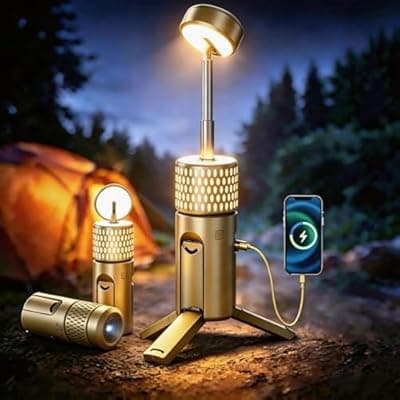 [Proran] Camping Light Telescopic, Collapsible Tripod Camping Lantern, 12000mAh Rechargeable Camping Lamp with Stand, Dimmable & Portable IPX54 Waterproof Flashlight for Emergency (Military Green)