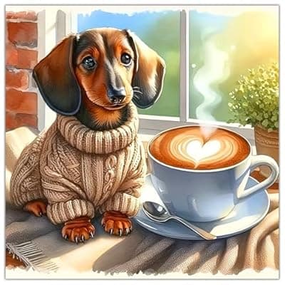 [Lophomie] Lophomie Diamond Art Kits for Adults, 5D DIY Coffee and Dachshund Dog Diamond Painting Kits for Beginners, Full Drill Round Gem Art for Adults Home Wall Decor 14x14in