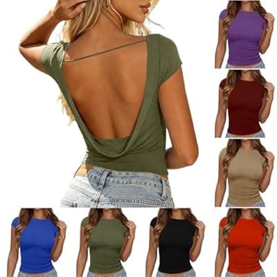 [LIKEOULI] LIKEOULI Open Back Tops for Women Trendy Backless Shirt Boat Neck Short Sleeve Slim Fit Going Out Top Y2k Basic Clothes