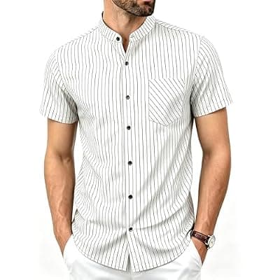 [BAYAMO] BAYAMO Men's Banded Collar Stripe Short Sleeve Button Down Shirt, Mandarin Collar Collarless Top