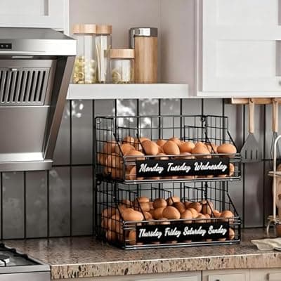 [FURMORENE] FURMORENE 2 Tier Stackable Egg Basket, Wall Mounted Wire Egg Holder Countertop with Adjustable Dividers & Date Labels, Kitchen Egg Storage Organizer for Cabinet Pantry, Black