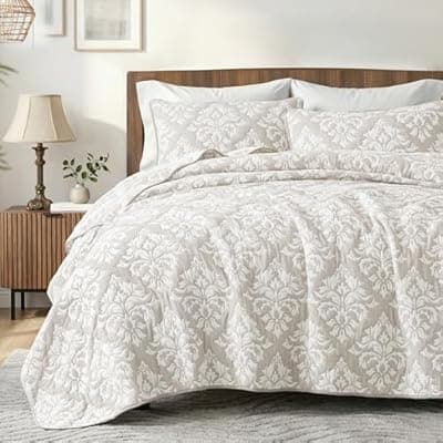 [Exclusivo Mezcla] Exclusivo Mezcla Cotton Quilts Twin Size Beige, Soft Lightweight Bedspread Breathable Prewashed Bed Coverlet with 1 Pillow Sham, Boho Pattern Yarn Dyed Muslin Quilt Bedding Set for All Seasons