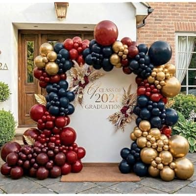 [Olamivra] Double Stuffed Red and Blue Balloons, 94Pcs Dark Blue Burgundy Ruby Red Gold Latex Balloon Garland Arch Kit for Graduation,4th of July,Patriotic,Veterans Day,Class of 2026, Birthday Party
