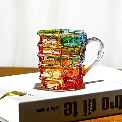 [AKLOPE] AKLOPE Handmade Glass Book Coffee Mug, Stackable 3D Design, Blue and Amber Colored (Small,Swirling Colors)