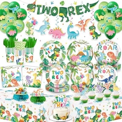 [Jovialitix] Dinosaur Birthday Party Decorations for 2 Year Old Boy, Two Rex Party Supplies for 24 Guests, Complete Party Setup with Balloons, Banner, Plates and Napkins