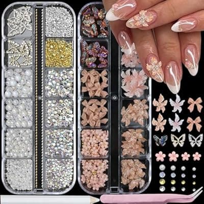 [SEMATA] SEMATA 2 Box 3D Flower Nail Charms,Nail Gems Butterfly Heart Bow Flatback Pearl Nails Rhinestones Charms for Nails Art Jewels Design Decor(Colorful-04)