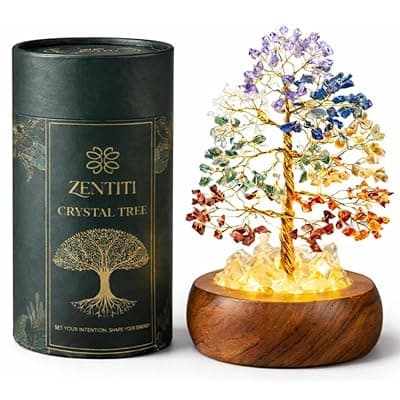 [Zentiti] Zentiti 7 Chakra Crystal Tree of Life with LED Light, Handcrafted Gemstone Bonsai with Quartz Crystal Base & Acacia Wood Stand, Spiritual Home & Office Décor, Thoughtful Gift for Women