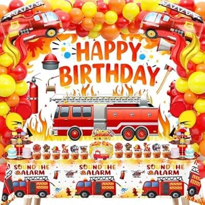 [Generic] Fire Truck Birthday Party Decorations Kit – Fire Truck Balloon, Firefighter Theme Supplies with Backdrop, Table Cover, Cake Toppers, Balloons for Kids & Boys Rescue Party
