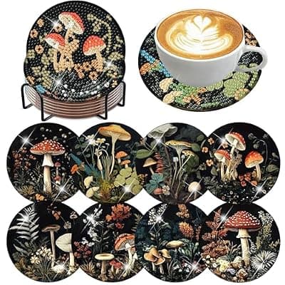 [Ekuxom] Ekuxom 8 Pcs Diamond Art Coasters Kit for Adults- Mushroom Forest Diamond Painting Coasters with Holder-DIY Crystal Full Drill Rhinestone for Crafts Gifts Adults Beginners