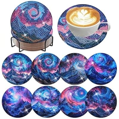 ijbnhd 8 PCS Aurora Diamond Art Coasters Diamond Painting Coasters Kits with Holder Aurora DIY Coaster for Beginners, Adults, Diamond Art Crafts Supplies 4x4 in (Cork Wooden Pad)