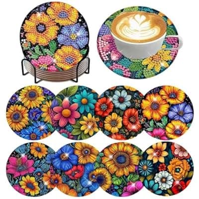 [ijbnhd] ijbnhd 8 Pcs Flowers Diamond Art Coasters with Holder-DIY Flowers Diamond Painting Coasters 5D Gem Art Coaster with Cork Pads for Adults (4X4inch) (Cork Wooden Pad)