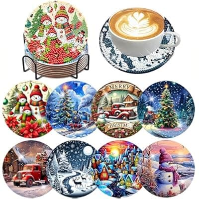 [ijbnhd] ijbnhd 8 PCS Christmas Diamond Art Coasters Kit, Diamond Painting Coasters with Holder, Non Slip Coaster Art Supplies for Adults, Christmas Gift 4X4inch (Cork Wooden Pad)