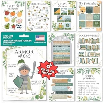 [Hadley Designs] Hadley Designs Sunday School Decorations for Classroom –9 Bible Posters for Kids, Books of the Bible, 10 Commandments, Bible Timeline Chart, Fruits of the Spirit, Greenery Christian Classroom Decor