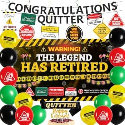 [Fanuk] Retirement Party Decorations for Coworker, Funny Warning Theme Happy Retirement Decorations with Banner, Balloons & Cake Topper for Office Farewell, Retirement Decors for Men