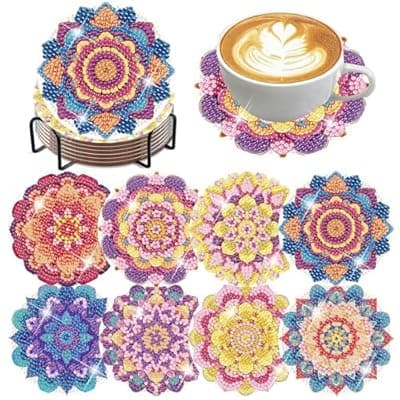 [ijbnhd] ijbnhd 8 Pcs Mandala Diamond Art Coasters Kit, Mandala Diamond Painting Coasters with Holder, Arts and Crafts Supplies Astral 4X4inch (Cork Wooden Pad)