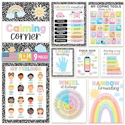 [Hadley Designs] Hadley Designs 9 Calming Corner Posters for Classroom Must Haves - Calm Down Corner Supplies with Emotions Chart, School Counselor Mental Health Poster, Feelings Chart For Kids, Pastel Classroom Decor