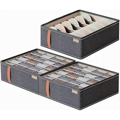 [AIQIBAO] AIQIBAO 3pack Wardrobe Clothes Organizer，Foldable Underwear Storage Box Fabric Storage Bin with Divider for Socks Bra Clothes Underwear Organizer Drawer Multifunctional Household Box (Dark gray)